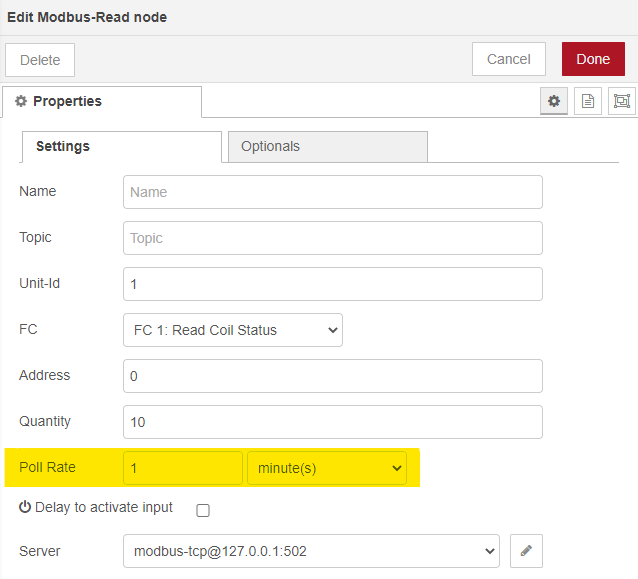 Modbus node configuration Modbus node configuration