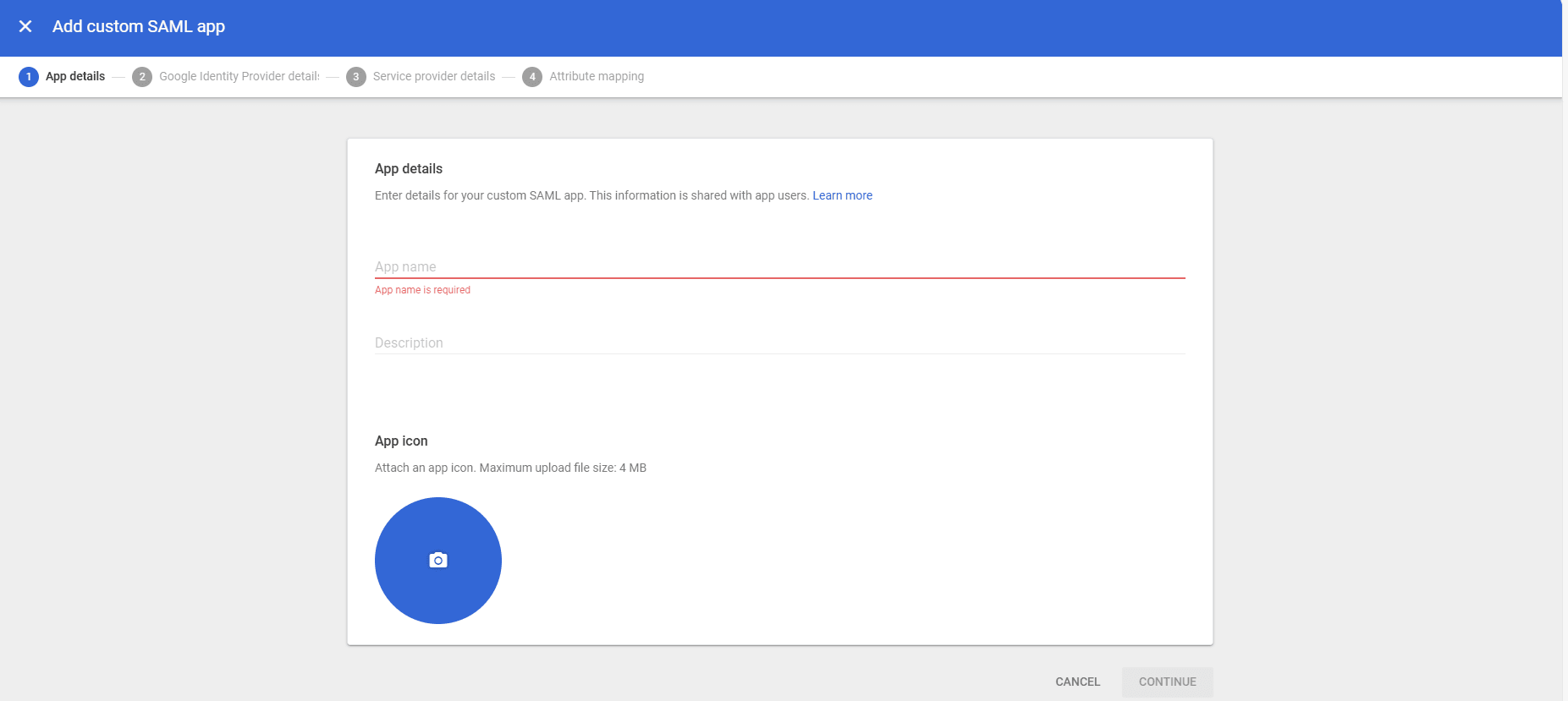 Screenshot showing the form asking for app information for we are going to create the SAML app configuration in the Google workspace admin console "Screenshot showing the form asking for app information for we are going to create the SAML app configuration in the Google workspace admin console"