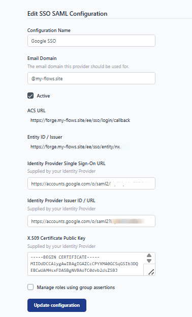 Screenshot showing the form updated with configuration provided by Google workspace "Screenshot showing the form updated with configuration provided by Google workspace"