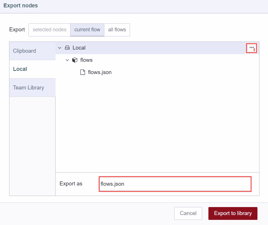 Option to export the flow to the Local Library, with the three-dot icon for creating a new folder and an input field to rename the flow file. Option to export the flow to the Local Library, with the three-dot icon for creating a new folder and an input field to rename the flow file.